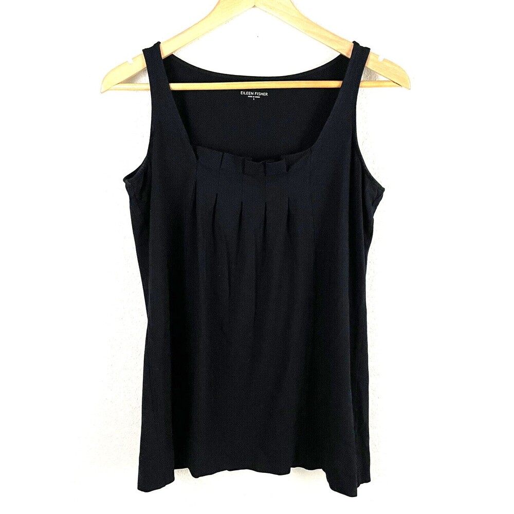 Eileen Fisher Womens Small Black Pleated Square Neckline Sleeveless Jersey Top